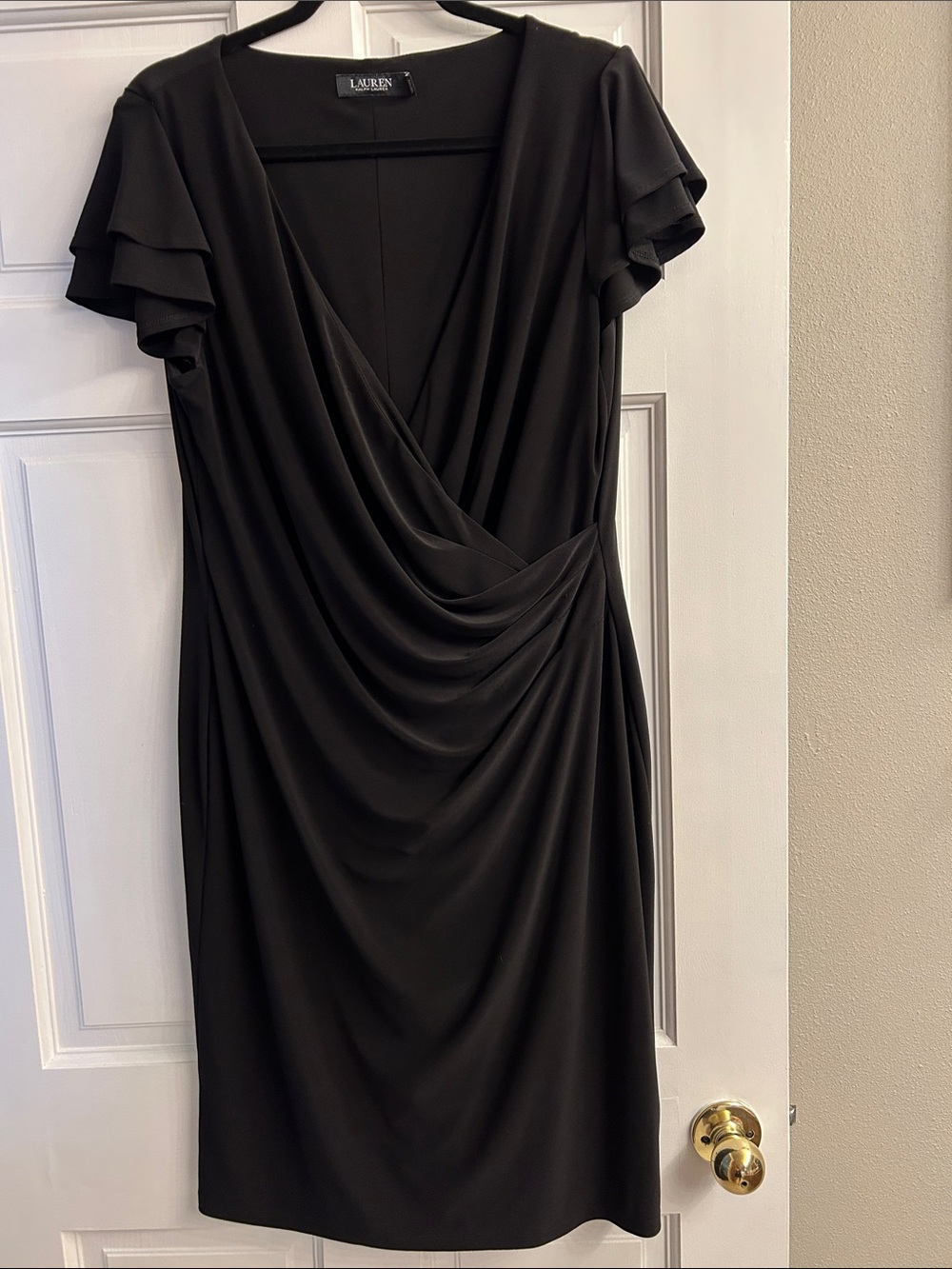 Lauren Ralph Lauren Black Draped Midi Dress with Flutter Sleeves